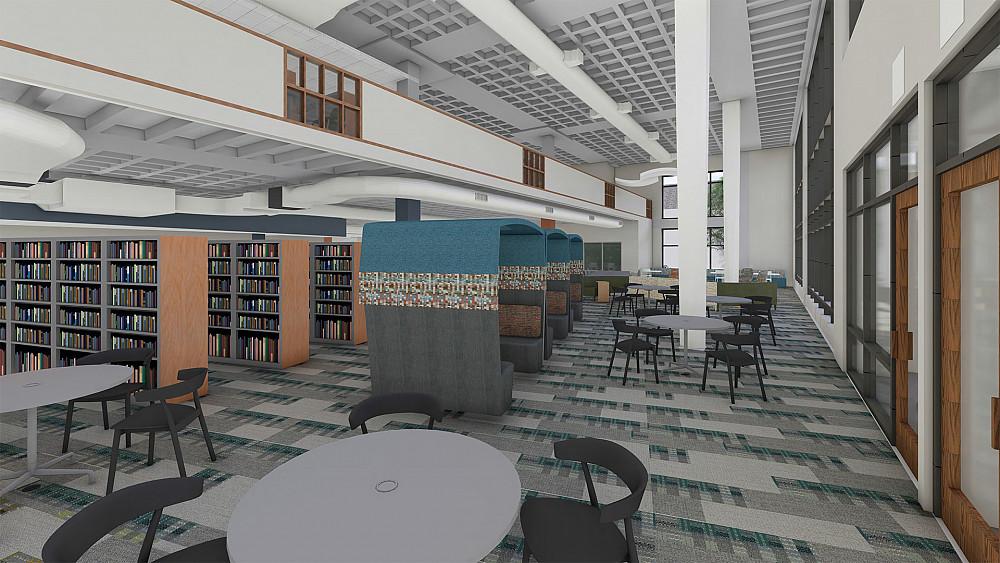 A render of the new library interior on the first floor, looking east.