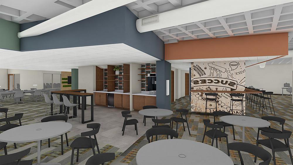 A render of the new library interior at a nook on the ground floor.