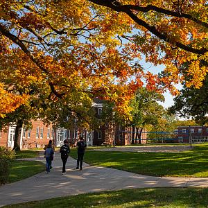 Students walk together to class under the colorful leaves of Beloit’s campus in autumn.