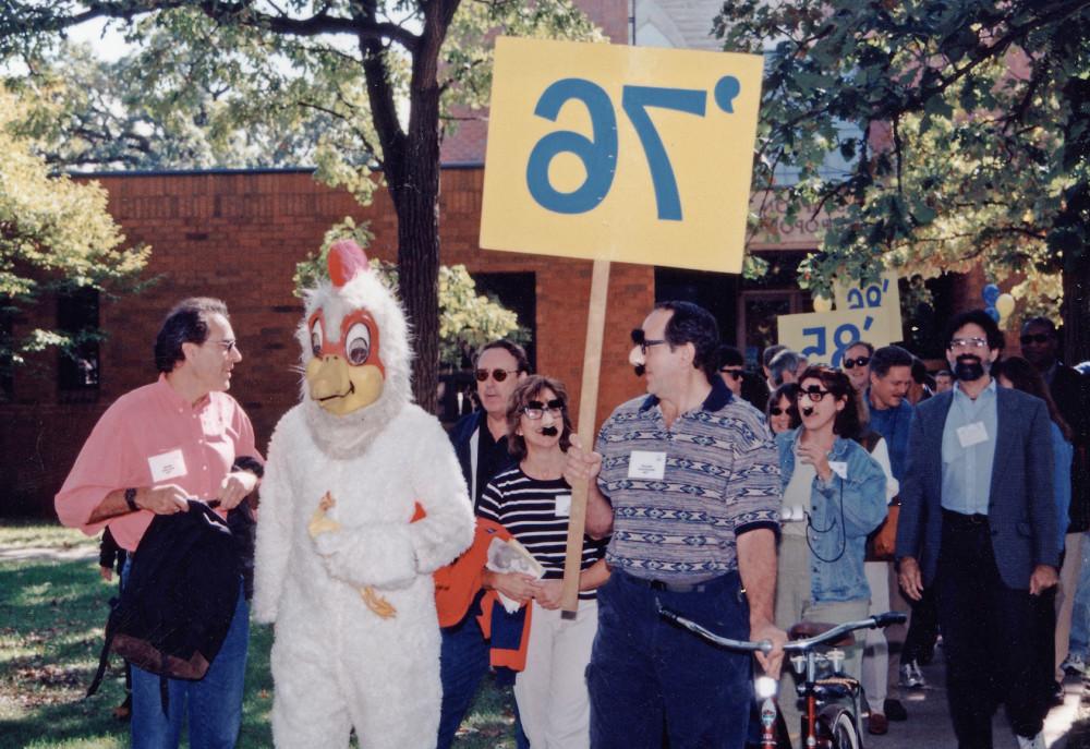 Basic Elmos and other alums parade at homecoming/reunion, September 2001 at Beloit College.